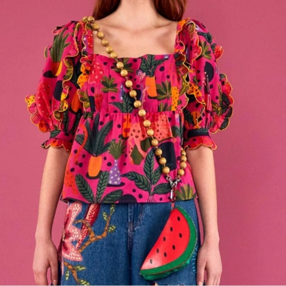 Farm Rio Pink Pop Leopards Blouse, size S, NWT $160, Indian cotton